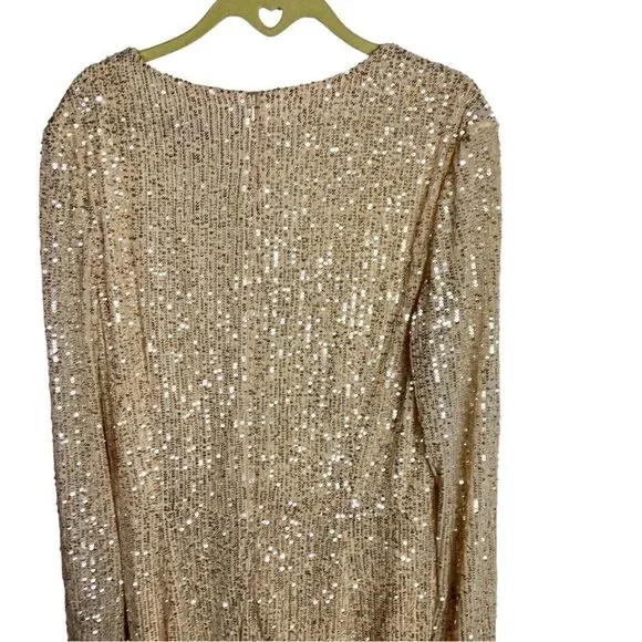 Ieena Mac Duggal Dress WMNS 16 Gold Sequin Knotted Long Sleeve Midi 26549 Plunge - Picture 7 of 11